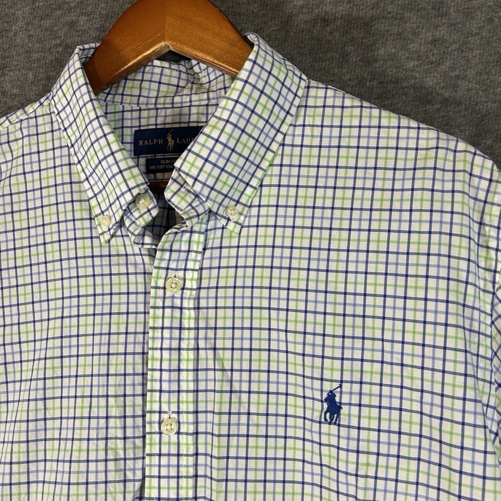 Ralph Lauren Men's XL Slim Fit Green & Blue Plaid Button Down Cotton Long Sleeve